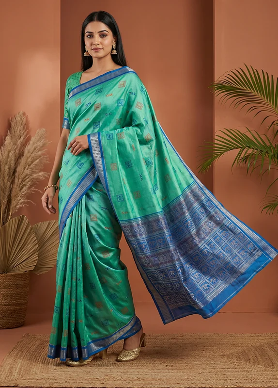 Green Handloom Bomkai Pure Silk Saree With Blouse Piece One Size