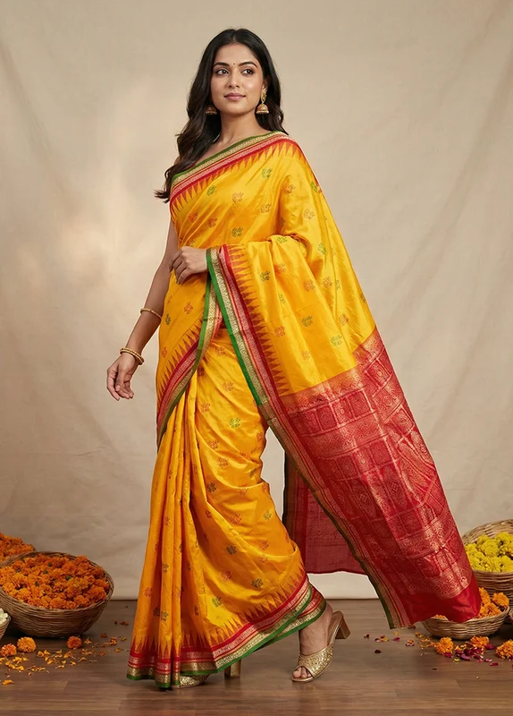 Yellow Handloom Bomkai Pure Silk Saree With Blouse Piece One Size
