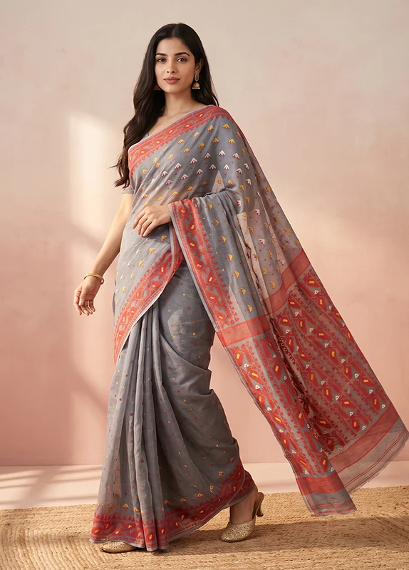 Grey Jamdani Cotton Saree Without Blouse Piece One Size
