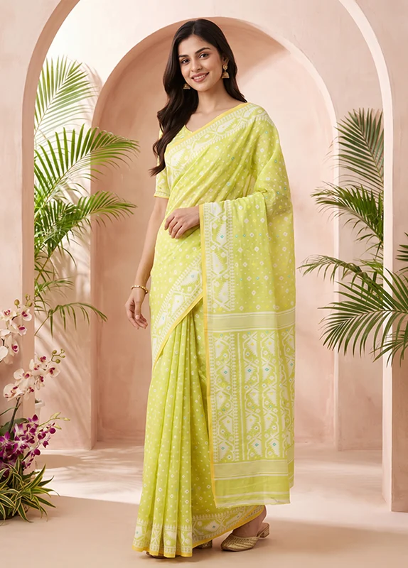 Green Jamdani Cotton Saree Without Blouse Piece One Size