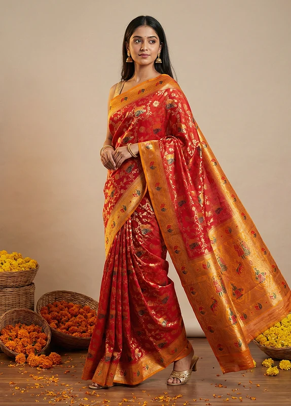 Yellow Dupion Silk Saree With Blouse Piece One Size