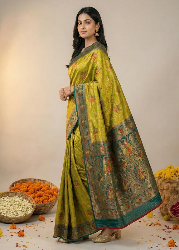 Green Dupion Silk Saree With Blouse Piece One Size