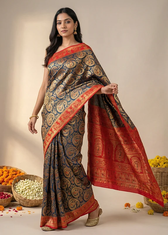 Blue Baluchari Silk Saree With Blouse Piece One Size