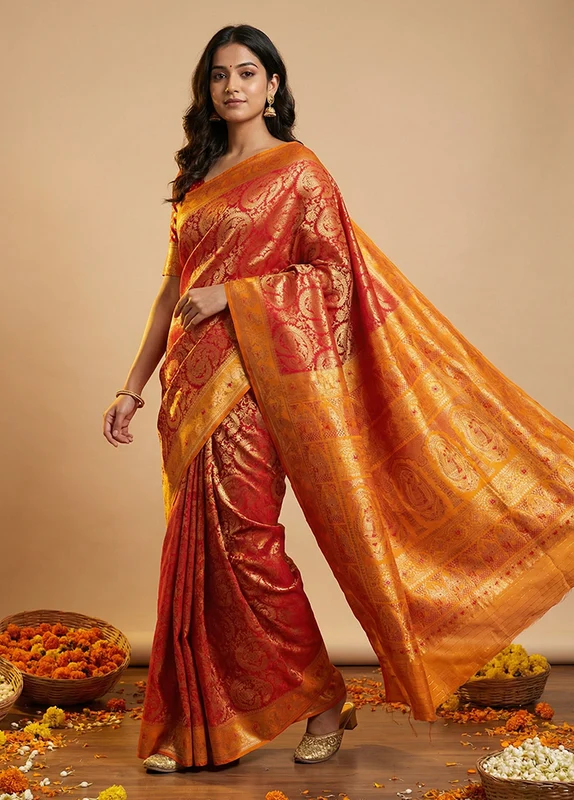 Red Baluchari Silk Saree With Blouse Piece One Size