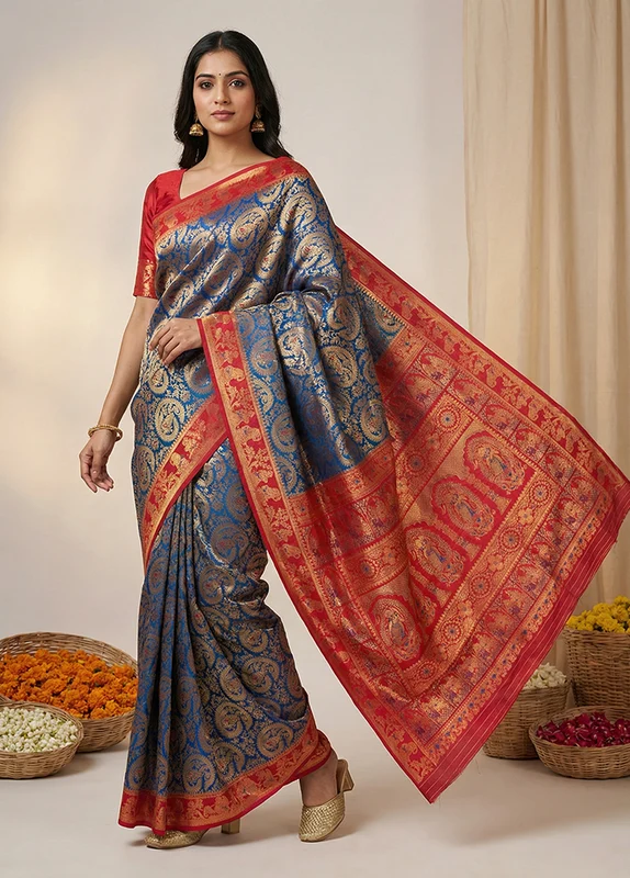 Blue Dupion Silk Saree With Blouse Piece One Size