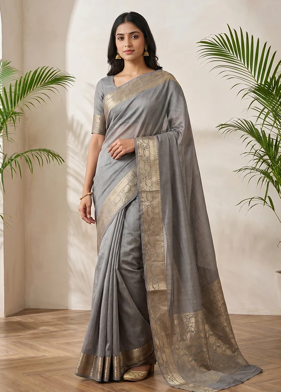 Grey Handloom Dupion Pure Silk Saree With Blouse Piece One Size