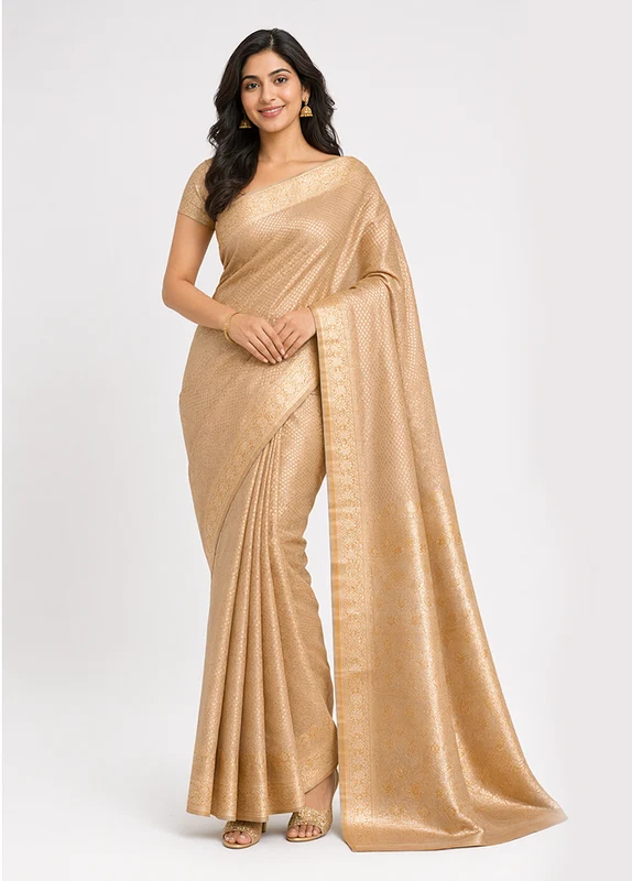 Cream Banarasi Silk Saree With Blouse Piece One Size