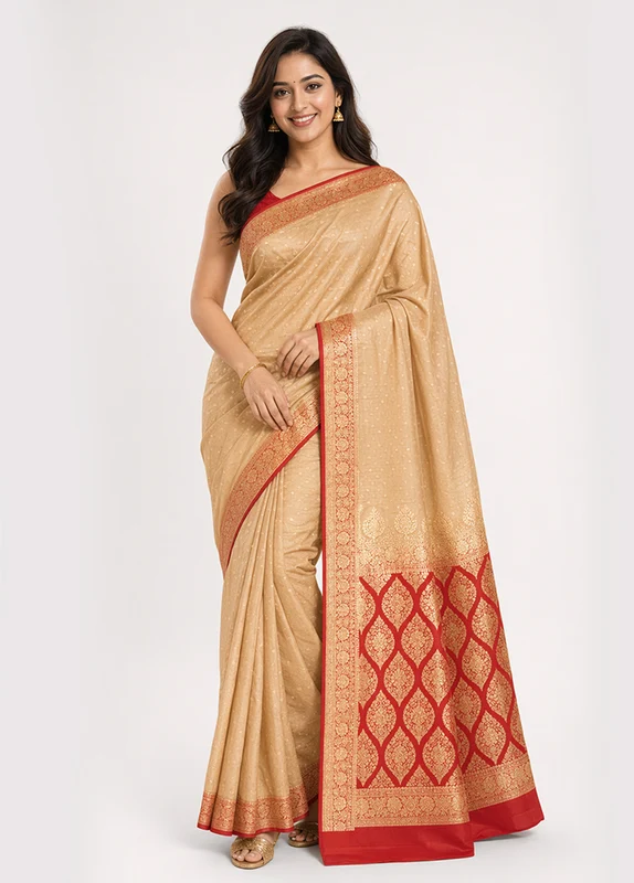 Cream Banarasi Silk Saree With Blouse Piece One Size