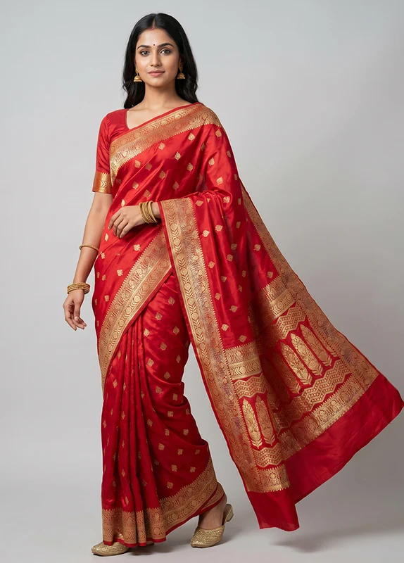 Red Banarasi Silk Saree With Blouse Piece One Size