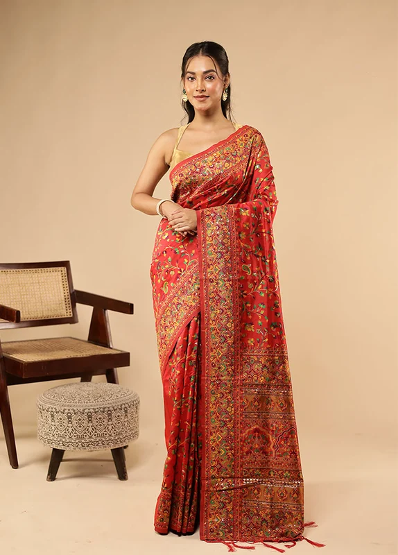 Red Dupion Silk Saree With Blouse Piece One Size