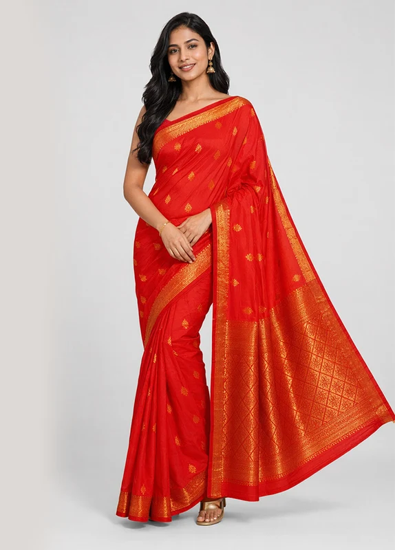 Red Kanjivaram Silk Saree With Blouse Piece One Size