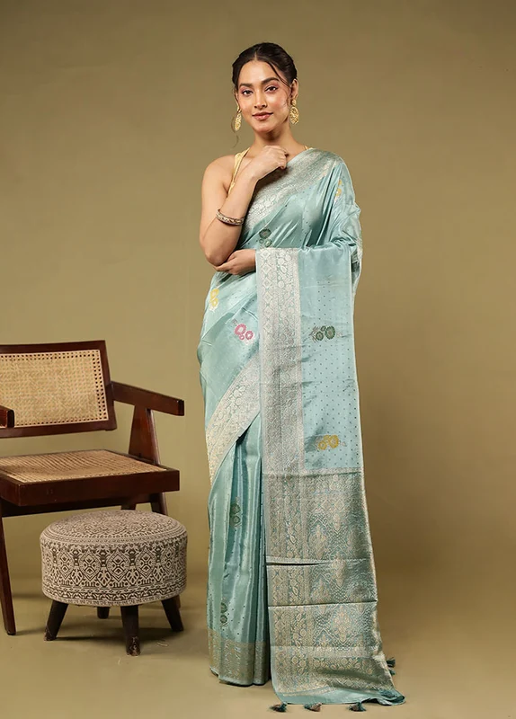 Blue Dupion Silk Saree With Blouse Piece One Size