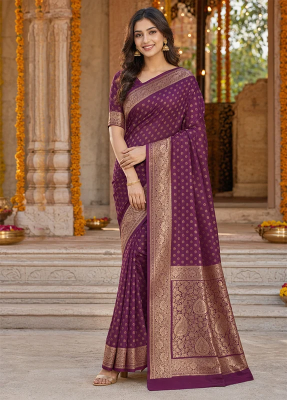 Purple Banarasi Silk Saree With Blouse Piece One Size