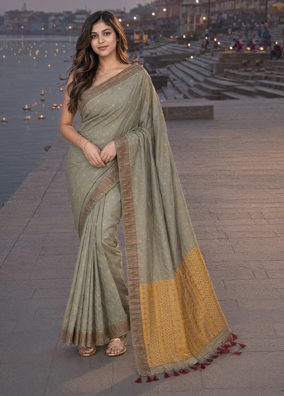 Grey Assam Silk Saree With Blouse Piece One Size
