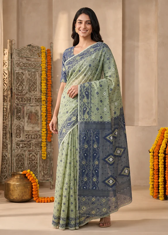 Blue Jamdani Cotton Saree Without Blouse Piece One Size