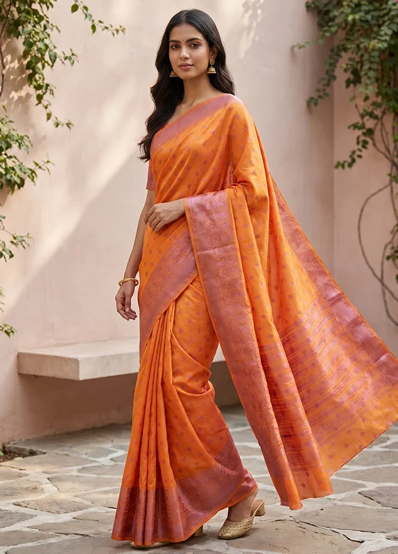 Yellow Dupion Silk Saree With Blouse Piece One Size
