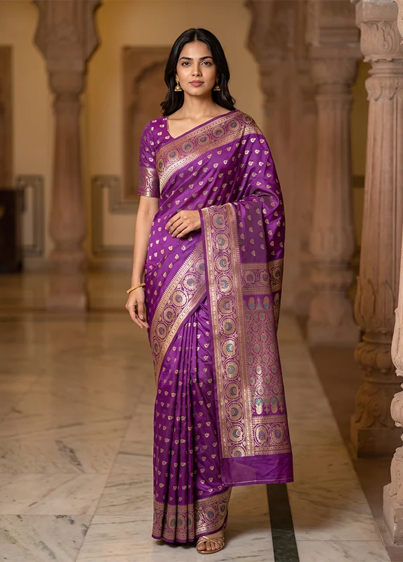 Purple Handloom Baluchari Pure Silk Saree With Blouse Piece One Size