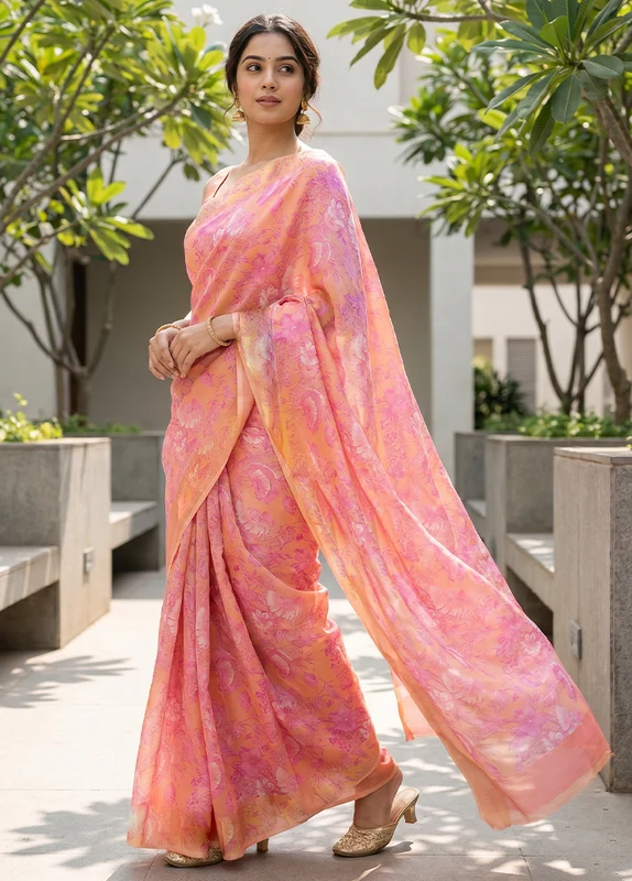 Pink Handloom Chiffon Pure Silk Saree With Blouse Piece One Size