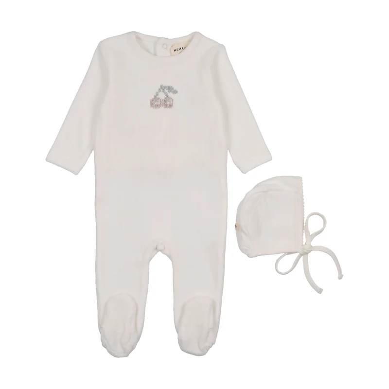 MEMA KNITS IVORY/TAUPE VELOUR CHERRY EMBROIDERED FOOTIE + BONNET [FINAL SALE] 9M