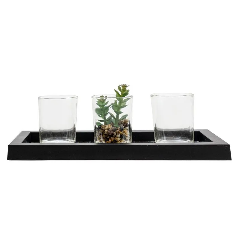 Jogo De Castiçal De Vidro Com Bandeja Candle Garden Set 4 Pç