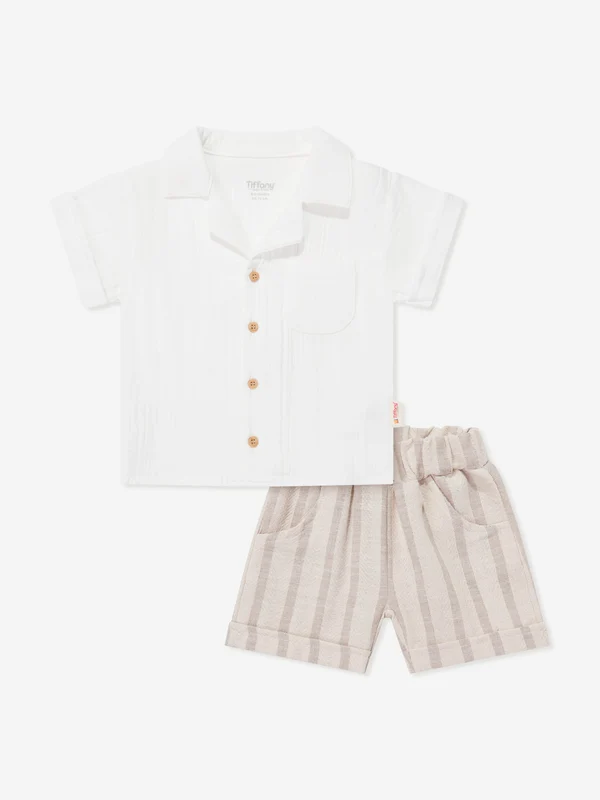 Tiffany Baby Boys Muslin Linen Shirt and Shorts Set in Ivory Ivory / 18 - 24 Mths