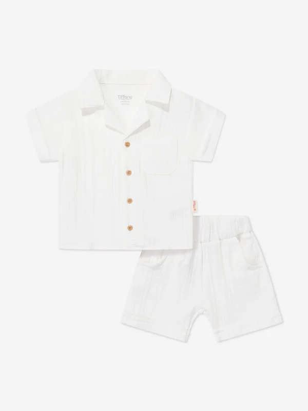 Tiffany Baby Boys Muslin Crepe Shirt and Shorts Set in White White / 2 - 3 Years
