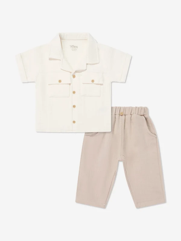 Tiffany Baby Boys Linen Breeze Shirt and Pants Set in Beige Beige / 18 - 24 Mths