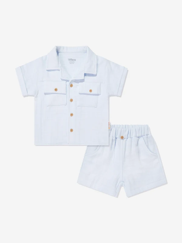 Tiffany Baby Boys Linen Breeze Shirt and Shorts Set in Blue Blue / 6 - 9 Mths
