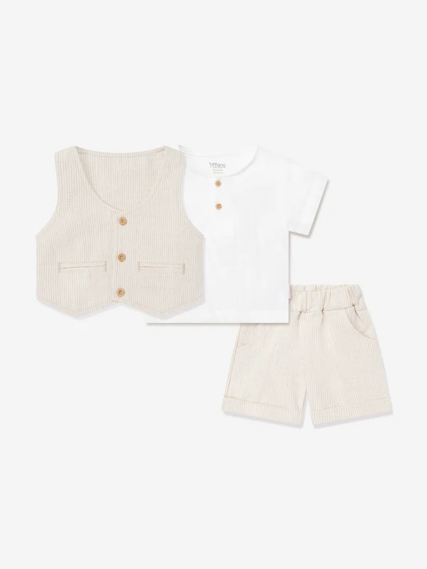 Tiffany Baby Boys Keten Pinstripes Short Set in Beige Beige / 12 - 18 Mths