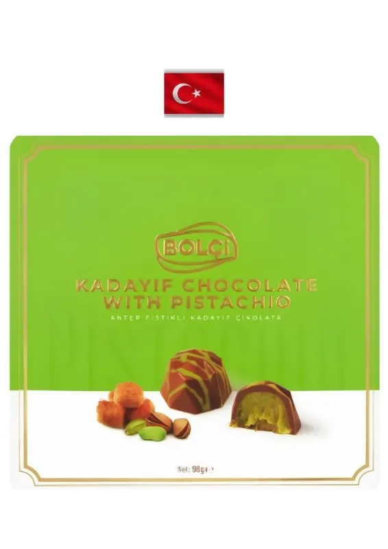 BOLCI DUBAI CHOC KADAYIF WITH PISTACHIO 96g - Bombons de chocolate recheada com pistache e fios de massa kadayif. Origem: Turquia