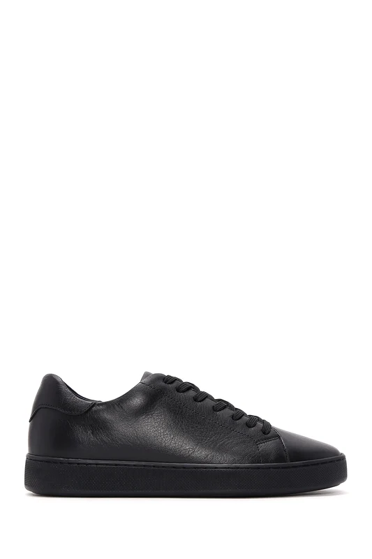 Erkek Siyah Bağcıklı Deri Sneaker Siyah / 40