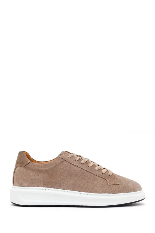 Erkek Bej Bağcıklı Süet Deri Sneaker Bej / 40