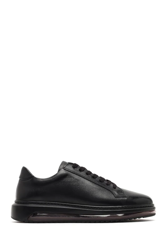 Erkek Siyah Bağcıklı Deri Sneaker Siyah / 41