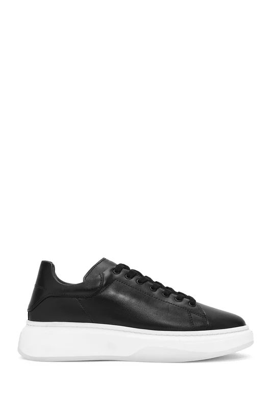Erkek Siyah Bağcıklı Kalın Tabanlı Deri Sneaker Siyah / 44