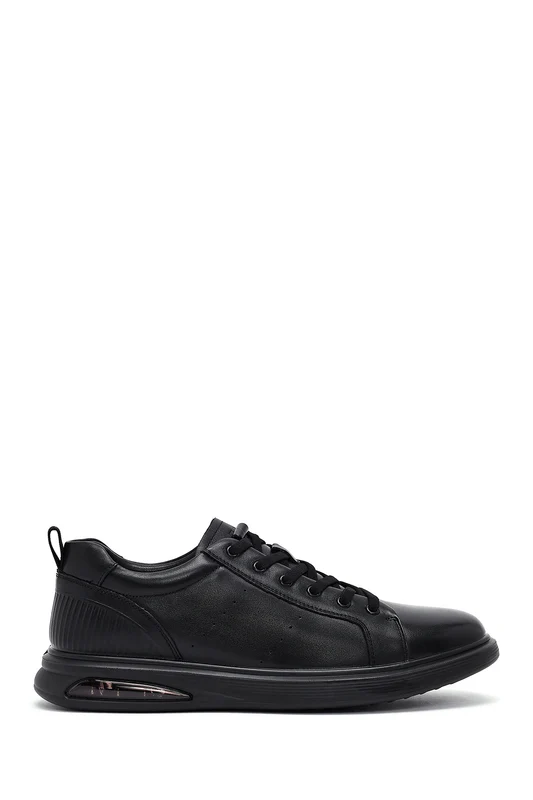 Erkek Siyah Bağcıklı Deri Sneaker Siyah / 40