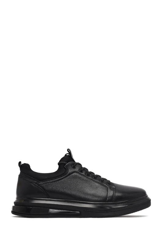 Erkek Siyah Bağcıklı Deri Sneaker Siyah / 43