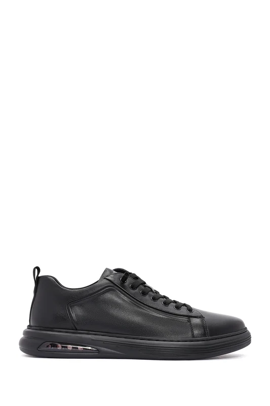 Erkek Siyah Bağcıklı Deri Sneaker Siyah / 45