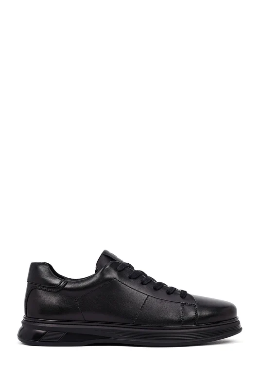 Erkek Siyah Bağcıklı Deri Casual Sneaker Siyah / 43