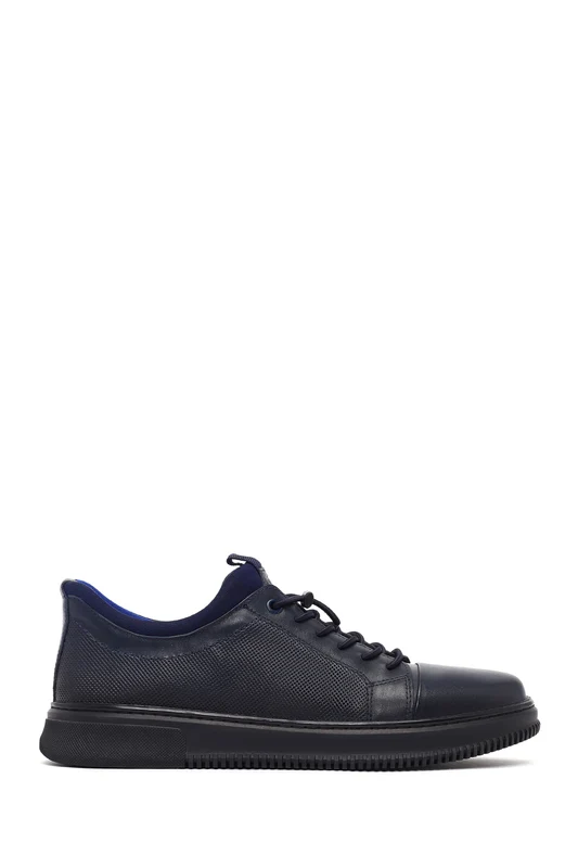 Erkek Lacivert Bağcıklı Deri Sneaker Lacivert / 43