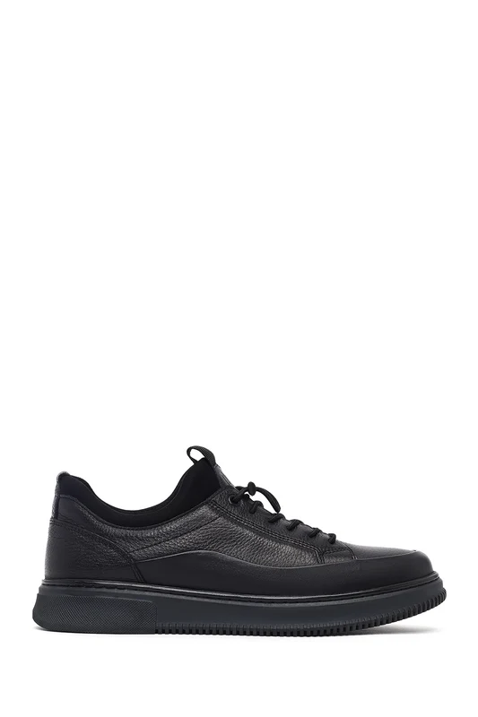 Erkek Siyah Bağcıklı Deri Sneaker Siyah / 42