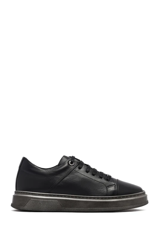 Erkek Siyah Bağcıklı Deri Sneaker Siyah / 42