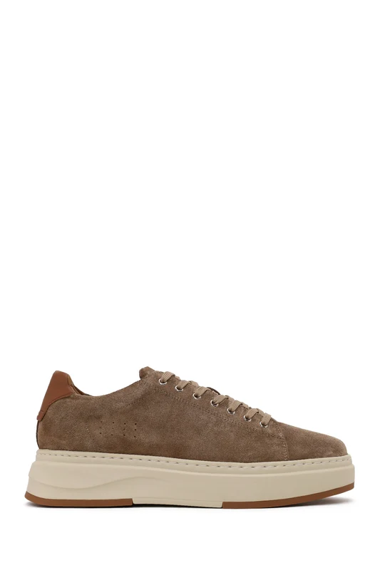 Erkek Bej Bağcıklı Kalın Tabanlı Süet Deri Sneaker Bej / 43