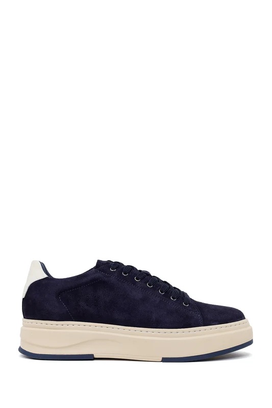 Erkek Lacivert Bağcıklı Kalın Tabanlı Süet Deri Sneaker Lacivert / 42