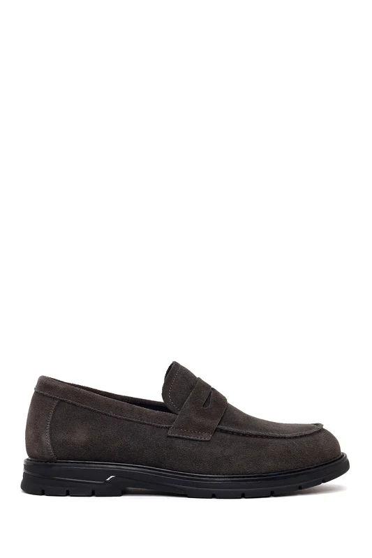 Erkek Gri Süet Deri Casual Loafer Gri / 45