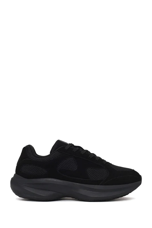 Erkek Siyah Bağcıklı Kalın Tabanlı Kumaş Sneaker Siyah / 41