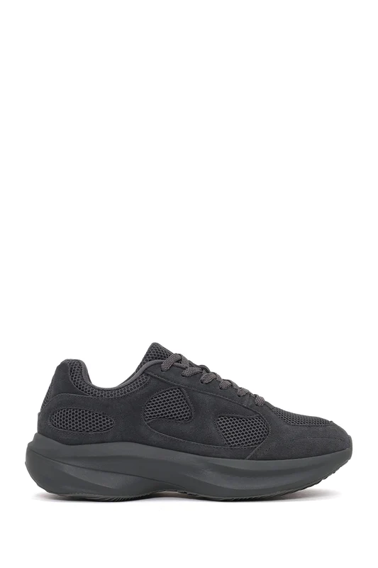 Erkek Gri Bağcıklı Kalın Tabanlı Kumaş Sneaker Gri / 44