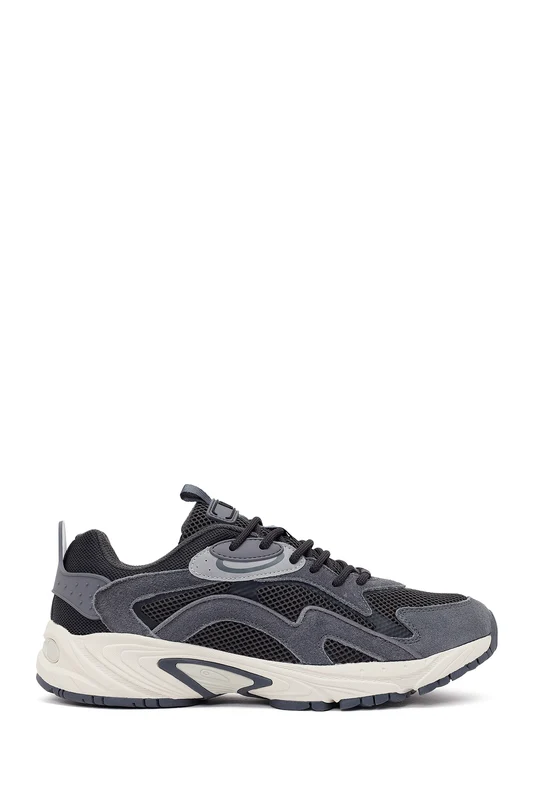 Erkek Gri Bağcıklı Kalın Tabanlı Deri Sneaker Gri / 43