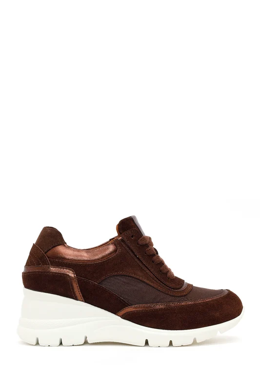 Kadın Kahverengi Bağcıklı Dolgu Topuklu Süet Deri Sneaker Kahverengi / 38