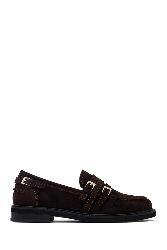 Kadın Kahverengi Tokalı Süet Deri Maskülen Loafer Kahverengi / 37