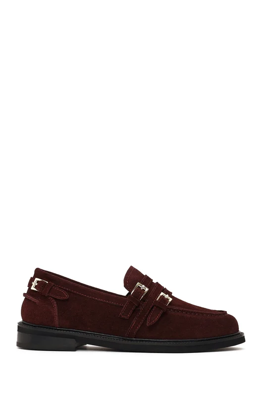 Kadın Bordo Tokalı Süet Deri Maskülen Loafer Bordo / 36
